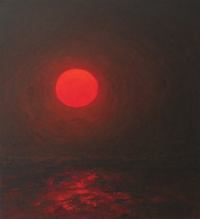 Pat de Groot, "Red Moon in June" (2008), oil on board, 12 " x 11" (all photos courtesy Albert Merola Gallery unless otherwise noted)