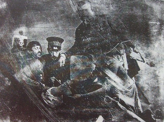 Photograph of an amputation on April 18, 1847 during the Mexican-American War of Sergeant Antonio Bustos by Belgian surgeon Pedro Vander Linden (who is holding the leg) (via Wikimedia)