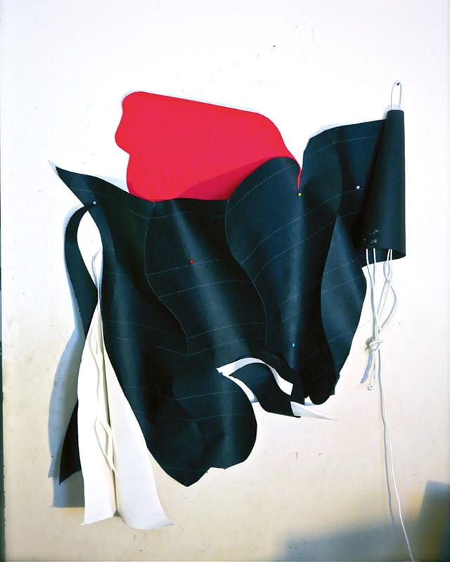 Carl E. Hazlewood, "Angel (Wall Crawler)" (2012), tar paper, paper, push pins, and nylon cord, 72 × 48 in (via bombsite.com)