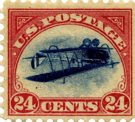 The "Inverted Jenny" postage stamp from 1918 at the Smithsonian (via Wikimedia)