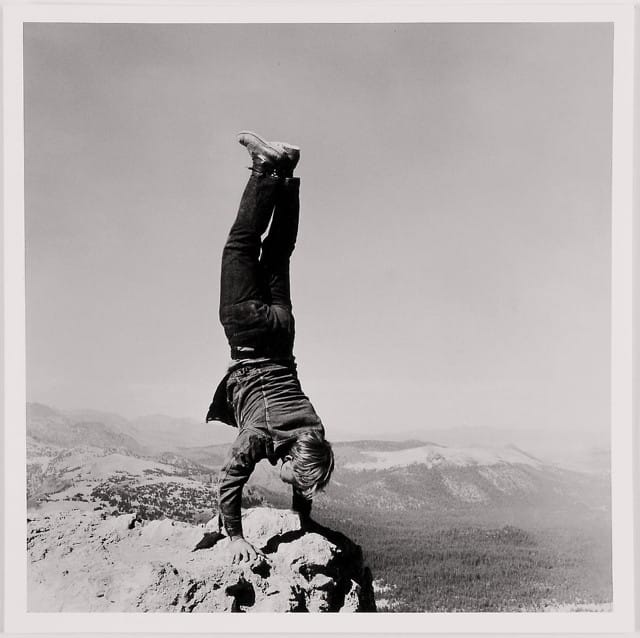 Robert Kinmont's "8 Natural Handstands" (detail) (1969/2009), nine silver gelatin prints, 8 1/2 x 8 1/2 in, is on view in "State of Mind" at the Bronx Museum (courtesy Alexander and Bonin, New York, via bronxmuseum.org)