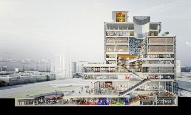 Interior detail of the new library of Birmigham. Image via mecanoo.nl.