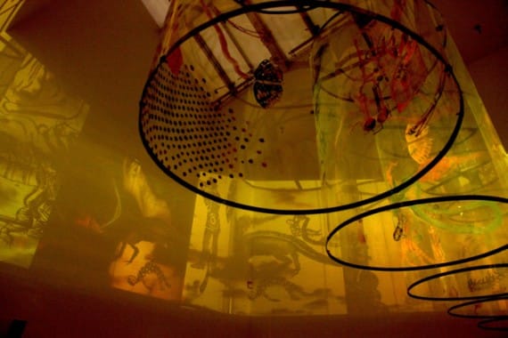 Nalini Malani, "In Search of Vanished Blood" (detail) (2012), six-channel video/shadow play with five rotating reverse painted Mylar cylinders, sound, running time: 11 minutes, variable dimensions (via galerielelong.com)