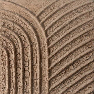 Marcos Grigorian, "Crossroads (Earthwork)" (1975), dried earth on canvas, 48 x 48 in (collection of Cleopatra Birrenbach and Thomas Birrenbach) (via asiasociety.org)