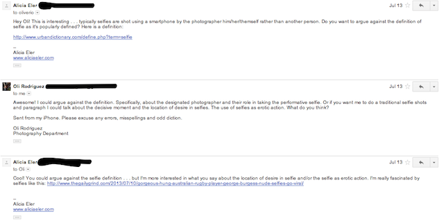 An email exchange with artist Oli Rodriguez about staging the 'erotic selfie' based on a nude selfie by rugby player George Burgess that went viral over the summer 2013