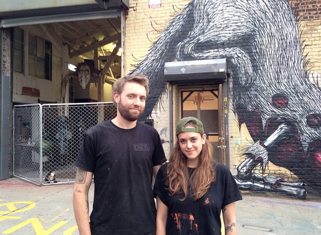 Pandemeic co-proprietors Robin and Keely in front of the new Pandemic space in Brooklyn's Navy Yards neighborhood. (all photos by the author for Hyperallergic)