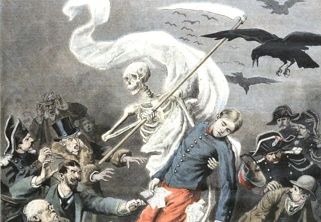 January 26, 1896 issue of Le Petit Journal, showing death taking a young soldier, illustrated by Frédéric Lix (via Wikimedia)