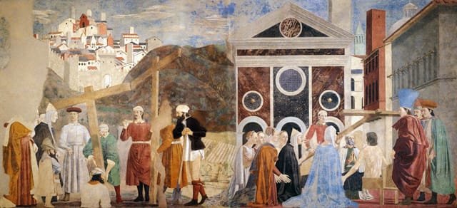 Piero della Francesca, "Finding and Recognition of the True Cross" (1452–1466). Fresco, 356 x 747 cm. Basilica of San Francesco, Arezzo. (Image via Web Gallery of Art)