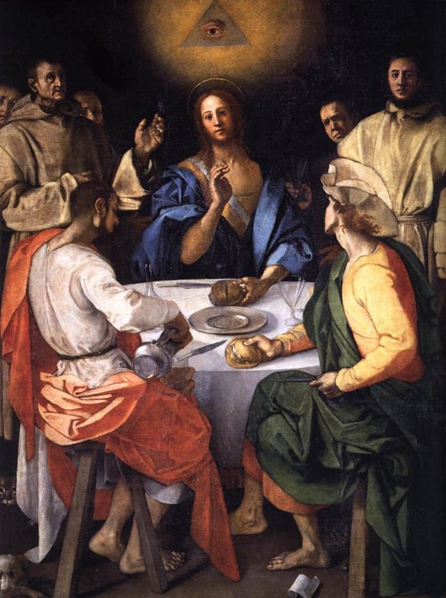 Jacopo Pontormo, "Supper at Emmaus" (1525). Oil on canvas, 230 x 173 cm. Galleria degli Uffizi, Florence. (Image via Web Gallery of Art)
