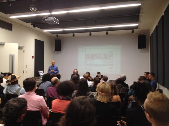 The standing-room-only crowd at the Sept. 26 panel discussion “Radical Presence: Black Study and Black Performance” at NYU. On the panel, from left to right: Tavia Nyong’o, Thomas DeFrantz, Daphne Brooks, and Malik Gaines.