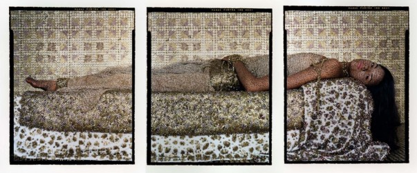 Lalla Assia Essaydi, "Bullet Revisited #3" (2012), triptych, three chromogenic prints on aluminum. (Courtesy of the artist, Miller Yezerski Gallery Boston, and Edwynn Houk Gallery NYC.) (via mfa.org)