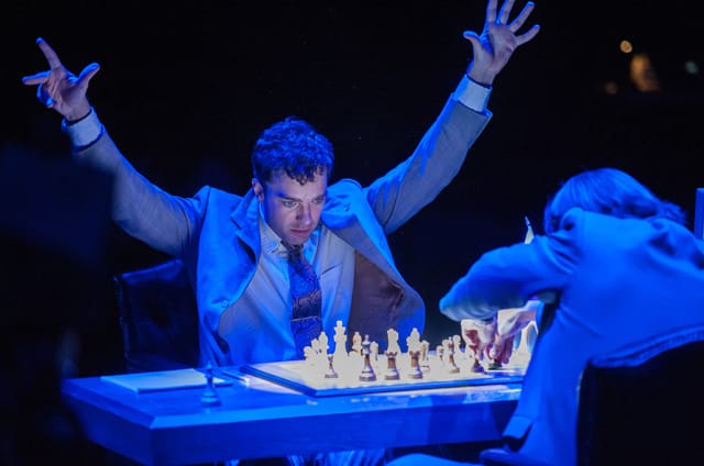 Park Avenue Armory presents "The Machine" Written by Matt Charman and Directed by Josie Rourke about Gary Kasparov's 1997 chess match against IBM Big Blue, on September 4, 2013. the performers: Garry Kasparov -Hadley Fraser Clara Kasparov -Francesca Annis Feng-Hsiung Hsu- Kenneth Lee Mandy Dinkleman -Phil Nichol Murray Campbell- Trevor White Joel Benjamin -Brian Sills Mikhail Botvinnik/Dr. Hans Berliner/Owen Williams -John Ramm Photographer/Anatoly Karpov/IBM Vice-President 2/Cornelius Booth Tamsin/Karen Daley Myers Antonia Bernath Katya/Angela Burgess- Lucille Sharp IBM Vice-President 1/Ad Director David Mumeni Young Garry/Josh Lorenzo Allchurch/Nicholas Croucher AV Performer/Technician Daniel Harries Camera Operator/Performer Rob Lines Credit: Stephanie Berger. All Rights Reserved. Photo Credit: Stephanie Berger.