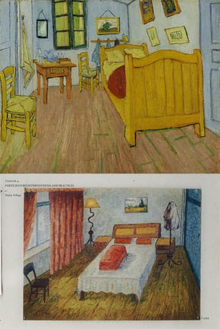 One artisan creates a painting of his own bedroom in the style of Van Gogh's "Bedroom in Arles" (1888). It is obviously not a slavish copy. (top image via Wikipedia, bottom images via Zhenhan Hao) (click to enlarge)