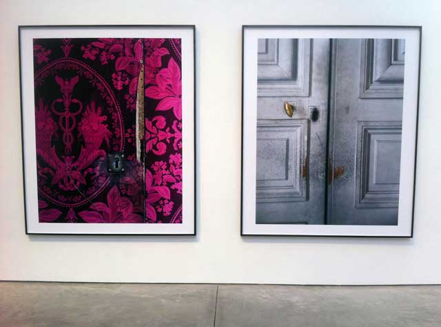 Installation view, Robert Polidori, “Door Detail. Attique du Midi. Versailles” (2005/2013), C-print, 72 x 60 in; and “Door Detail. Galerie Basse. Versailles” (2005/2013), C-print, 72 x 60 in