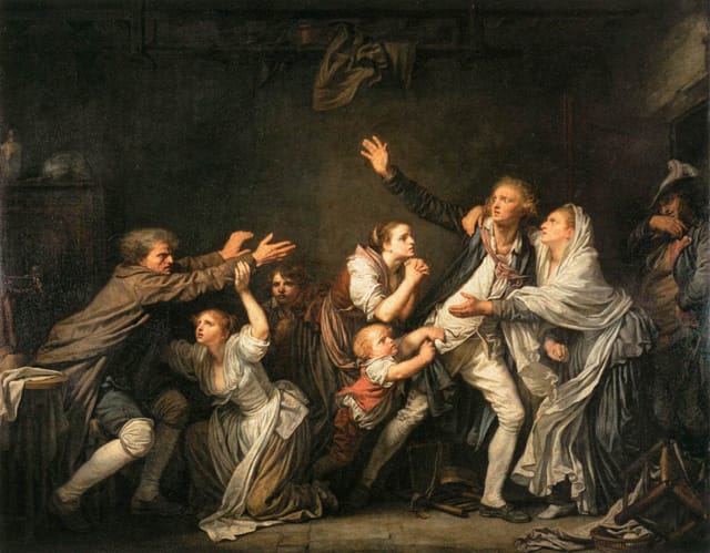 Jean-Baptiste Greuze, "The Father's Curse: The Ungrateful Son" (1777), oil on canvas, 130 x 162 cm. Musée du Louvre, Paris. (Image via Web Gallery of Art)