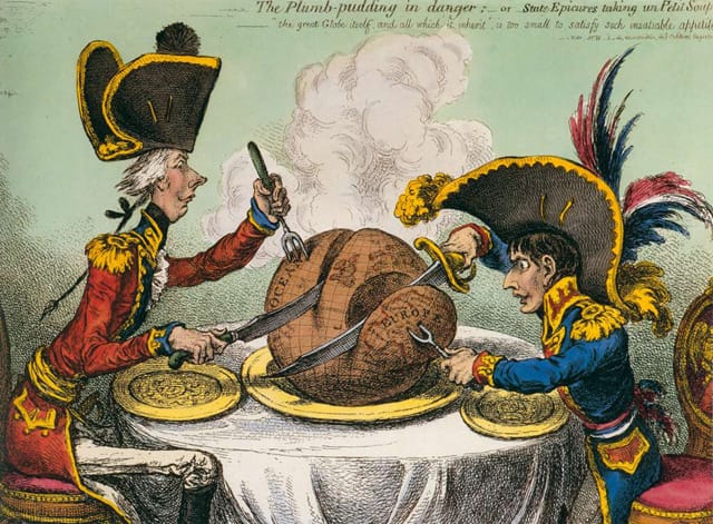 James Gillray, "The Plum-Pudding in Danger" (1805). Colored engraving, 240 x 340 mm. British Museum, London. (Image via Web Gallery of Art)