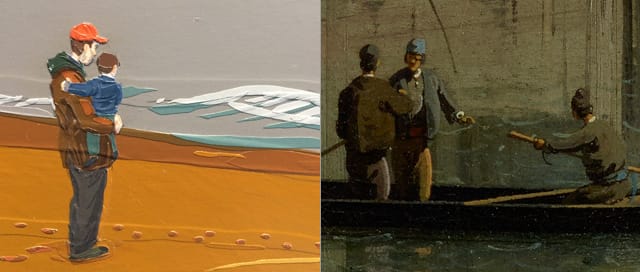 A detail of Brian Adam Douglas's "Wasteland" (2013), left, and Canaletto's "The Grand Canal in Venice from Palazzo Flangini to Campo San Marcuola" (c.1738), right. (Canaletto images via Getty)