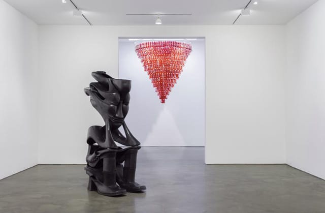 An installation view of Willie Cole's new show at the Alexander and Bonin Gallery (all images courtesy Alexander and Bonin Gallery)