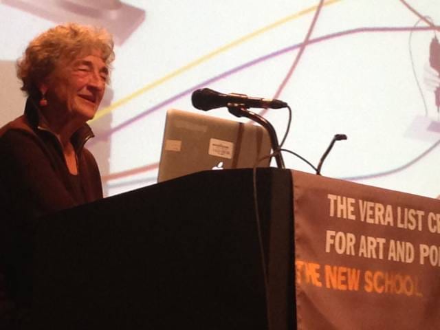Lucy Lippard answers questions from the audience with a warm smile