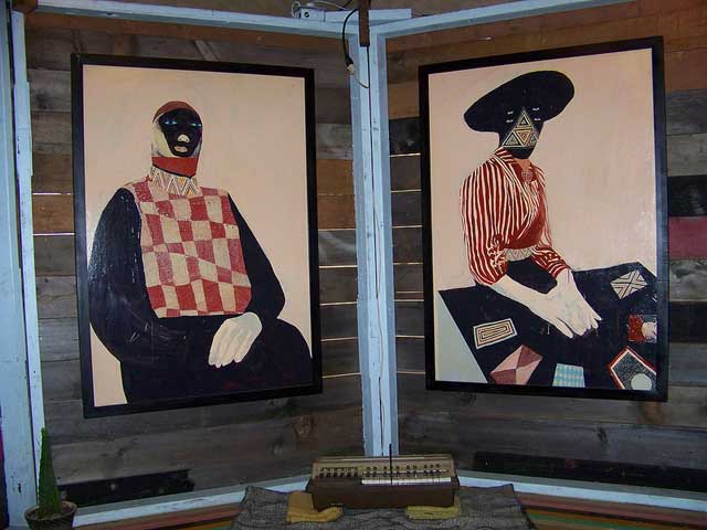 Andrew Mazorol and Tynan Kerr "7-Sided Room with Painted Floor" (detail) (2013), wood, paint, plaster, fabric; both paintings (2013) paint on panel