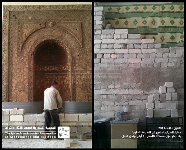 These slides demonstrate how conservationists are working to preserve the historic heritage in Syria. Here a conservation worker is covering a historian wooden mihrab (prayer niche) with a 40cm deep protective wall. The project took nine days.