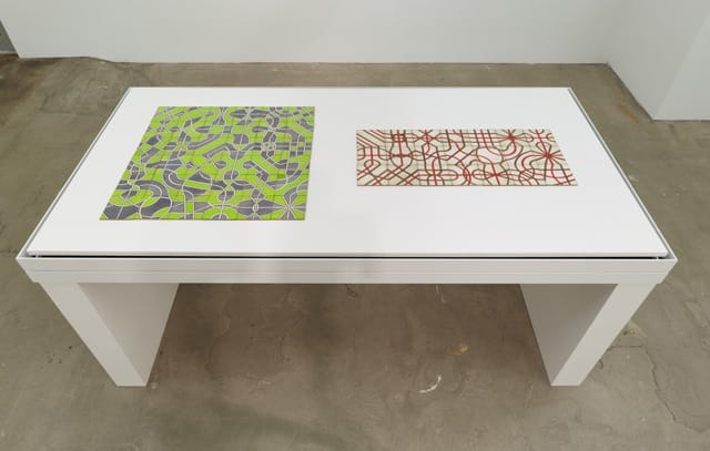 Installation view, "Qor Corporation: Lionel Ziprin, Harry Smith and the Inner Language of Laminates" at Maccarone (courtesy Carol Bove and Maccarone, New York, photo by  