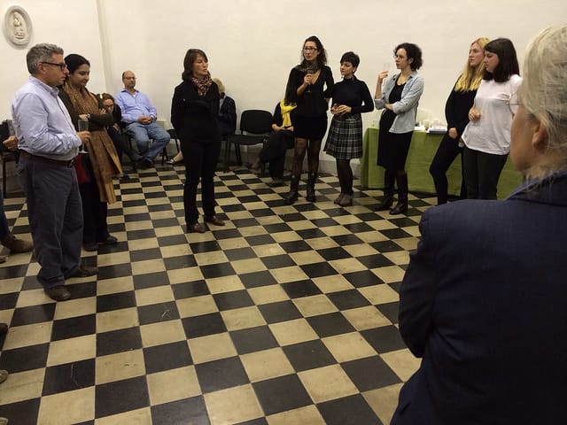 Siena Art Institute director Miriam Grottanelli de Santi addressing guests at the Friday, November 8 reception at the school in the heart of Siena, Italy.