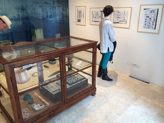 A display case of 3D printed objects and collaborative drawings by Amy Yoes and Mark Dion on display at the "Above/Below Ground" exhibition in Siena.