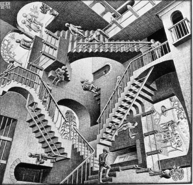 MC Escher, "Relativity" (1953), lithograph (via mcescher.com)