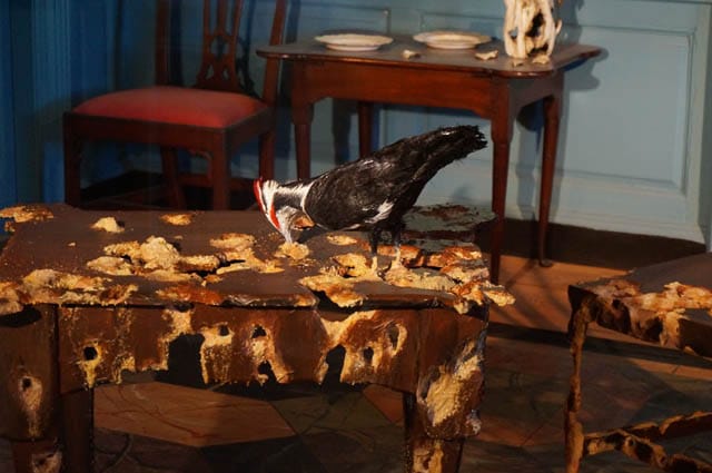 Valerie Hegarty, "Side Table with Pileated Woodpecker" and "Chairs" (both 2013)