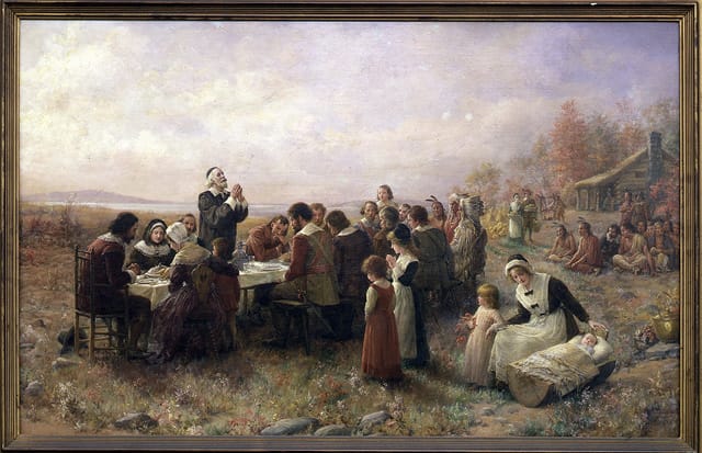 Jennie A. Brownscombe, "Thanksgiving in Plymouth" (1914), Pilgrim Hall Museum, Plymouth (via lakenhal.nl)