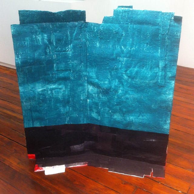 Fabienne Lasserre, "Look - Meet" (2013), acrylic polymer, linen, steel, cardboard, hardboard and acrylic paint, 54.5 x 48.5 x 8 in (all photos by the author for Hyperallergic)