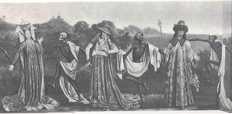 Danse Macabre painting that was in St. Mary's Church in Lübeck Germany (via Wikimedia)