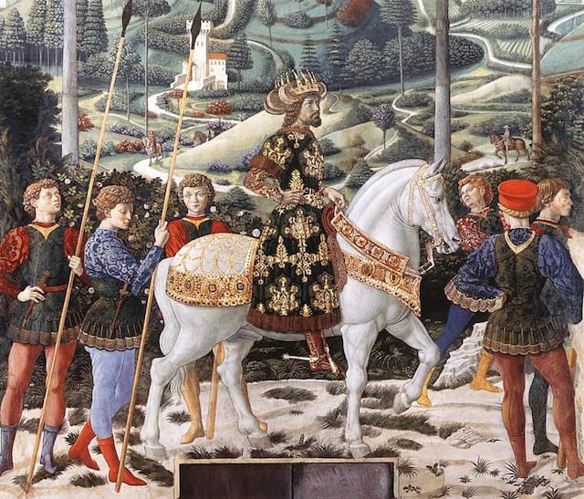 Benozzo Gozzoli, "Procession of the Middle King" (detail) (1459-60). Fresco. Chapel, Palazzo Medici Riccardi, Florence. (Image via Web Gallery of Art)