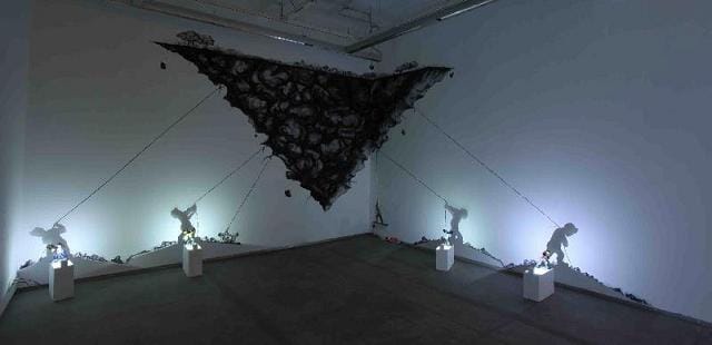 "Heroes of the Sataranga Collective" (2013), Clay Sculptures, LED Lights, Shadow projection and Charcoal drawings on the wall, Installation view