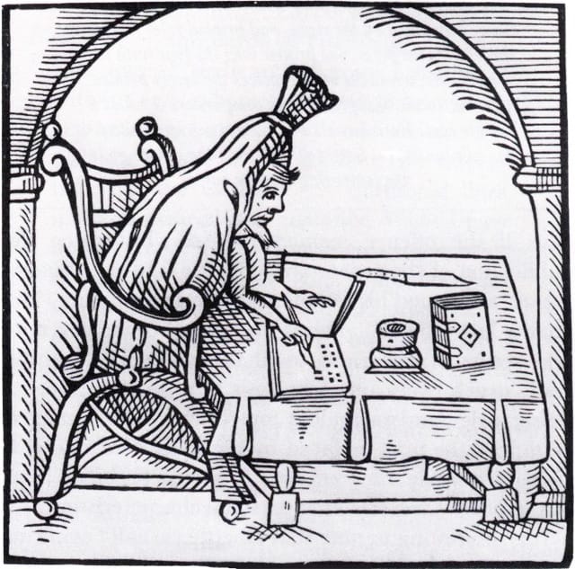 A woodcut of Robert Greene writing in his burial shroud, symbolizing that his words come from beyond the grave. This woodcut is from the title page of English author and Greene- follower John Dickenson's Greene in conceipt: New raised from his grave to write the Tragic History of Valeria of London (1598) . Picture acquired through Wikimedia Commons. Image public domain.