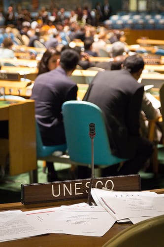 UNESCO name placard at the 67th General Assembly of the United Nations in NYC in 2012 (photograph by John Gillespie/Africa Renewal)