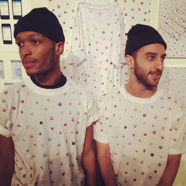 Antwaun Sargent and Fahad Al-Hunaif rocking their KTHANKSBYE tshirts at the Emoji Art Show (all photos by the author for Hyperallergic)