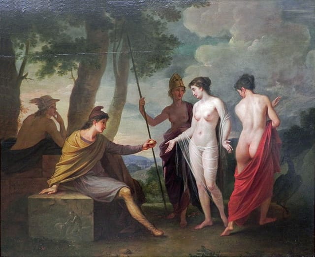 A typical Judgement of Paris composition by Joseph Hauber, "The Judgement of Paris" (1819) (via Wikipedia)
