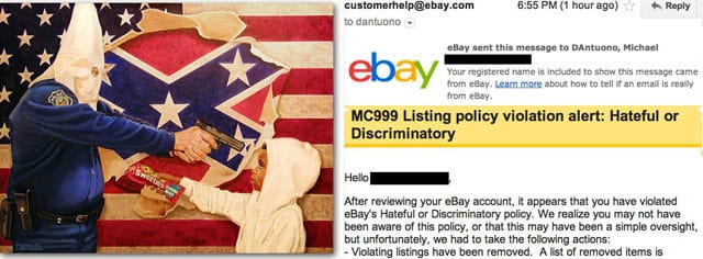 An image, which includes a partial screenshot of eBay's email to D'Antuono, posted on the artist's Facebook page. (via D'Antuono's FB page)