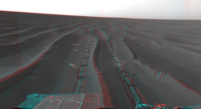 A view from the Mars Exploration Rover from when it set a one-day distance record for martian driving in 2005 (via Panoramic Camera, NASA/JPL-Caltech)