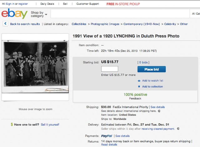 eBay item #271352485078 is labeled as "1991 View of a 1920 LYNCHING in Duluth Press Photo" and depicts a lynching of three black circus workers at the beginning of the 20th century. (screencapture by the author) (click to enlarge)