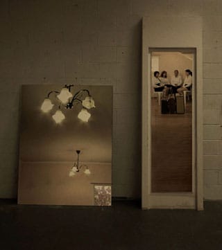 Ira Eduardovna, "The Cherry Orchard," two-channel video installation, plaster mold of a wooden door, sheet rock, projection, mold: 94 x 28 x 8 in, sheetrock: 47 x 16 in (click to enlarge) 