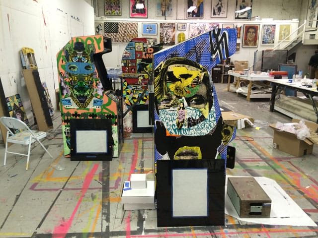 A look at the Miami consoles while they were being put together in Faile's Brooklyn studio. (photo by the author for Hyperallergic)
