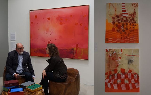 Left: Helen Frankenthaler, "Red Shift" (1990); right: two mixed media on canvas works by Sarah Amos