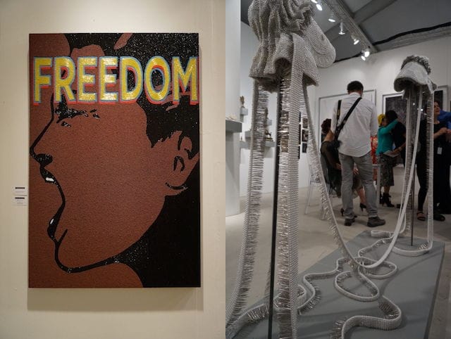 Left: Stephanie Hirsch, "Believe" (2013); right: Angela Ellsworth, "Seer Bonnet XXI (Eliza) and Seer Bonnet XX (Emily)" (2011)