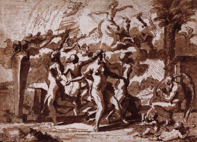 Nicolas Poussin, "A Dance to the Music of Time" (c. 1635). Pen and brown ink on paper, 148 x 199 mm. National Gallery of Scotland, Edinburgh. (Image via Web Gallery of Art) 