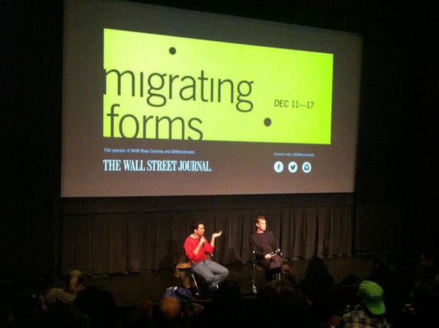 Ryan Trecartin, at left, answers questions onstage after his screening (photo by the author for Hyperallergic)