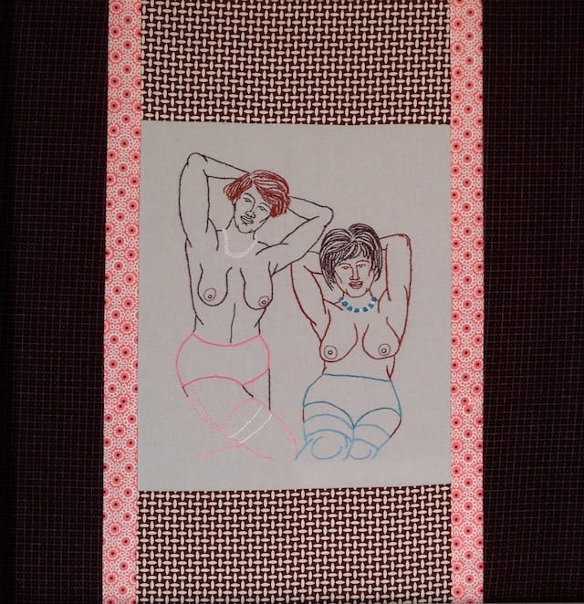 Rebecca Levi, "Two Ladies," (2007). Cotton floss embroidered on cotton fabric, 20 x 20 in. Courtesy of the artist. Photo credit: Rebecca Levi.