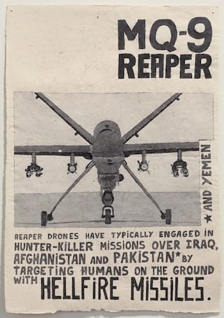 One of the Portuguese-born artist Rigo 23′s drawings of unmanned drones, “MQ-9/Reaper and Yemen” (2010), ink on recycled, elephant-dung paper (courtesy Andrew Edlin Gallery, New York) (click to enlarge)